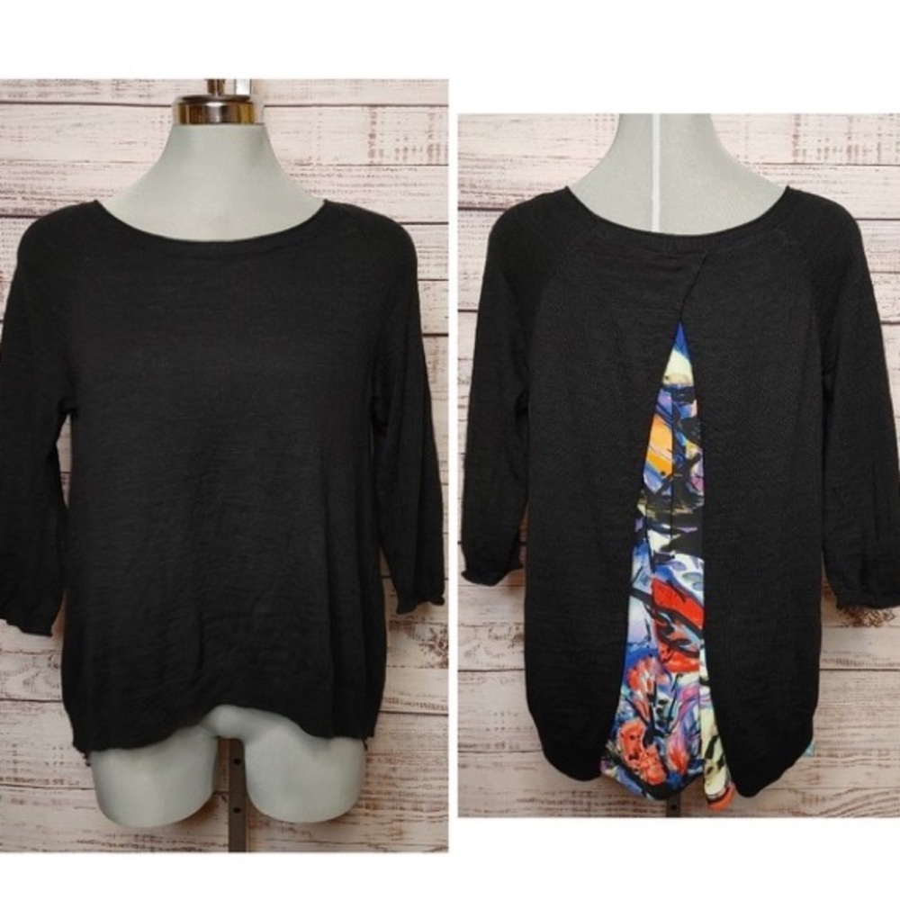 Anthro black sweater with silk patterned split back